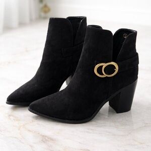 NEW Black Suede Ankle Boots NEW with Gold Buckle